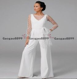 Modest white Stain Women Wedding dress Jumpsuit sexy sheer long sleeves Abiye Bride Wedding Gowns with Pant Suit Deane Lita7788372