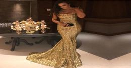 2019 Sparkly Sexy Mermaid Prom Dresses Strapless Backless Gold Gold Silver Party Gowns Sequins Formal Dresses7676878