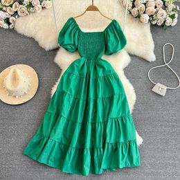 Party Dresses French Chic Square Collar Dress Woman Chiffon High Waist Pleated Midi Cake Women Puff Sleeve A-line Clothes Drop