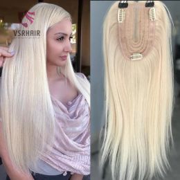 Toppers Vsr 9x13 #60 Platinum Blonde Human Hair Topper For Women Sewn With Three Clips Invisiable Hand Tied Hair line Hair Toppers