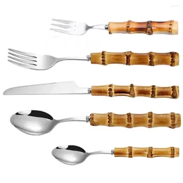 Flatware Sets Silverware Bamboo Cutlery Set Kitchen Essentials Dinner Fork Supplies Stainless Steel Tableware