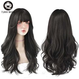 Synthetic Wigs Lace Wigs 7JHH WIGS Popular Brown Ash Long Deep Wave Hair Lolita Wigs With Bangs Synthetic Wig For Women Fashion Thick Curls Wigs Girl 240328 240327