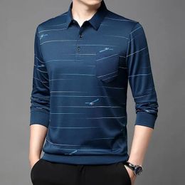 Spring Summer Tshirts for Men Long Sleeve Tees Turn-down Collar Polo Solid Striped Button Pockets Fashion European Clothing Tops 240319