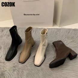 Boots Square Toe Dress Ankle Boots Women 2023 New Autumn Winter Ladies Fashion Elegant Thick Heel Pumps Designer Chic Female Shoes Zip