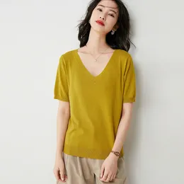 Women's T Shirts V-neck Short-sleeved T-shirt Women's High-end 2024 Summer Outer Wear Thin Section Belly-covering Knitted Sweater Top