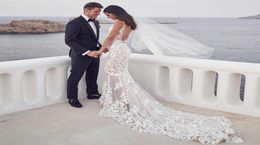 Backless Mermaid Beach Wedding Dresses 2021 Vneck 3D Lace Applique Sweep Trumpet Steven Khalil Garden Bridal Dress2597013