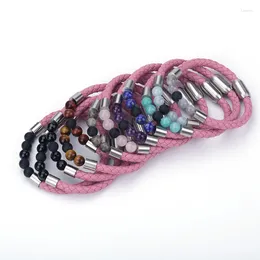 Charm Bracelets Black Onyx Baby Pink Stone Beads Stainless Steel Real Dusky Rose Leather Magnet Lock Unisex Bracelet Bangle