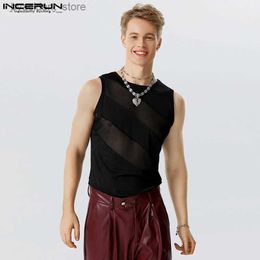 Men's Tank Tops 2023 Men Bodysuits Mesh Patchwork O-neck Sleeveless Tank Tops Male Rompers Stylish See Through Fitness Bodysuit S-5XL L240319