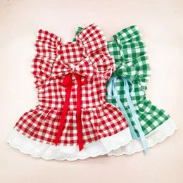 Dog Apparel 1 Set Dress Bow-knot Ruffled Sleeves Plaid Cat Traction Ring Design Puppy Princess With Headdress Pet Clothes