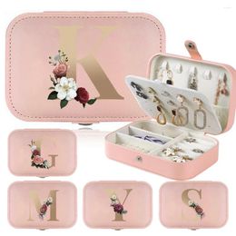 Cosmetic Bags Jewellery Box Earrings Storage Bag Desktop Drawer Necklace Ring Holder PU Leather Jewel Organiser Display Gold Letter Flower