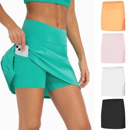 L-331 Tennis Skirts Yoga Skirt Gym Clothes Women Running Fitness Golf Pants Shorts Sports Back Waist Pocket Cooling Quick-Dry Flowy Pleated Tennis Skirt LU-MELUCK