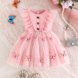 Girl Dresses 0-4Y Baby Girls Princess Dress Ruffle Sleeveless Button Front 3D Butterfly Tulle Tutu Summer Toddler Clothes