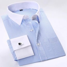 Men's Dress Shirts Business Contrast Collar French Cuff Single Patch Pocket Regular-fit Long Sleeve Social Wedding Party Shirt