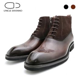 Boots Uncle Saviano Brogue Winter Black Mens Boots Shoes Work Boots Fashion Designer Shoes Men Add Veet Genuine Leather