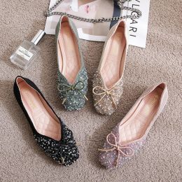 Boots Beads Bling weave moccasins femme pearl sneakers women shoes loafers square toe bowknot glitter flats woman 2021 big size 3443