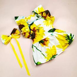 Dog Apparel Portable Pet Dress Sunflower Print Set With Sleeves Bow Decor Cat Princess Headdress Lightweight