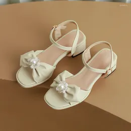 Dress Shoes Pearl Bow Flower Front&Rear Strap Cute Girls' Sandals Thick Heel Hollow Sweet Peep Toe Summer 2024