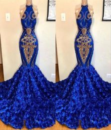 Royal Blue Mermaid Prom Dresses 2019 Rose Flowers Skirts Long Chapel Train Halter African Evening Gowns Gold Applique Beads Formal4623263