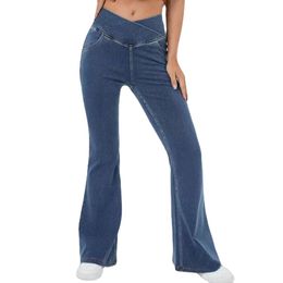 Women Flare Jeans High Waisted Stretchy Crossover Bell Bottom Jeans Flare Leggings Casual Yoga Pants with Pockets