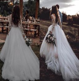 Princess Fairy Country Wedding Dresses 2021 Long Sleeve Backless Lace Tulle Bohemian Illusion Beach Bride Reception Gown Robes3920590