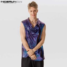 Men's Tank Tops Fashion Casual Style Tops New Mens Swing Collar Shiny Fabric Vests Sexy Stylish Male Loose Comfortable Vests S-5XL 2023 L240319