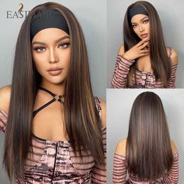 Synthetic Wigs EASIHAIR Brown Mixed Golden Headband Synthetic Wigs Long Straight Headband Hair Wig for Black Women Daily Cosplay Heat Resistant 240329