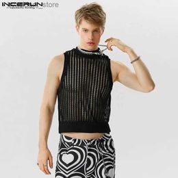 Men's Tank Tops Sexy Fashion Style Tops Handsome Mens Striped Mesh Knitted Micro Transparent Tank Tops Male Half High Collar Vests S-5XL L240319