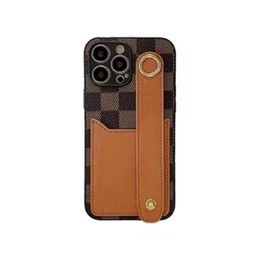 iPhone 15 Pro Max Designer Phone Case for Apple 14 13 12 11 8 7 Plus Luxury PU Leather Wristband Strap Card Holder Pocket Floral Print Back Cover Coque Brown Checkerboard