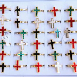 36Pcs/lot Fashion and bright colored Acrylic stainless steel cross ring for men and women Christ Jesus jewelry gifts wholesale 240312