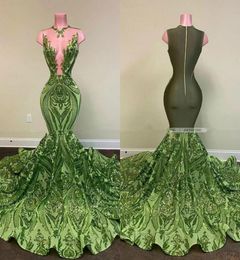 Sexy Olive Green Mermaid African Prom Dresses 2020 Sequined Black Girls Evening Dress Party Wear Formal Gowns2696464