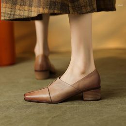 Dress Shoes 2024 Spring/Autumn Women Pumps Genuine Leather For Square Toe Chunky Heels Elegant Mid