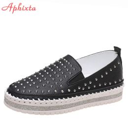 Shoes Aphixta 2022 Round Rivets Flats Women Loafers Leather Elastic Band Bling Crystals Couple Platform Flat With Heels Students Shoes