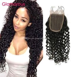 Glamorous Brazilian Hair Closure 1Pcs Deep Wave Curly Human Hair Lace Closure Hand Tied Part Peruvian Malaysian Indian 4x4 La6354632