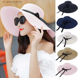 Wide Brim Hats Bucket Hats New Simple Folding Wide Brim Cork Girl Str Hat Sun Hat Beach Womens Summer Hat UV Protection Travel Hat Womens Hat Y240319