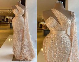 Sparkly Sexy Mermaid Prom Dresses Ostrich Feather One Shoulder Beading Sequined Long Sleeve Pageant Evening Gown 2022 Elegant Vest3204490