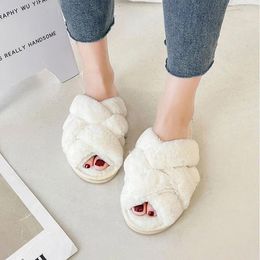 Slippers Women's Home Cotton Shoes Autumn Winter Plush Thermal Sweet Solid Colour Furry Cross Soft Flat Bedroom