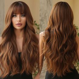Synthetic Wigs Cosplay Wigs Long Chocolate Brown Ombre Synthetic Wigs with Bangs Natural Wavy Hairs Wig for Black Women Daily Cosplay Party Heat Resistant 240329