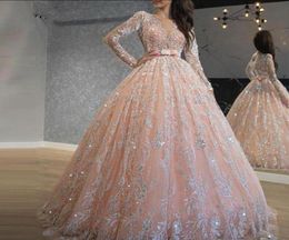 2020 Sparkly Pink Sequined Lace Ball Gown Prom Dresses Jewel Neck Long Sleeve Sweet 16 Dress Long Formal Evening quinceanera dress8673726