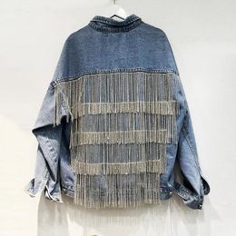 Women's Jackets AYUALIN Casual Oversize Loose Autumn Boho Vintage Diamonds Tassel Cooton Blue Denim Coats For Women Jacket Long Sleeve