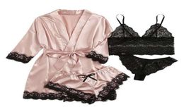Lace Satin Women Pyjamas Sleep Robe 4pcs Set Fashion Style Home Clothing Suit Ladies Sexy Bra Shorts Underwear6981289
