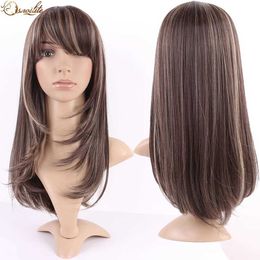 Synthetic Wigs Cosplay Wigs S-noilite Synthetic Hair Straight Brown Wig With Bangs For Black Women Fake Hair Heat Resistant Wigs For African American 240329