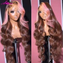 Synthetic Wigs Ali Coco HD Brown Pink 13x4 Body Lace Frontal Wig For Women Pink Hightlight Lace Front Human Hair Wigs Transparent Lace Remy Wig 240328 240327