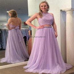 Lilac Two Pieces Prom Dresses 2024 Sexy Halter Backless Boho Lace Evening Dress Elegant Birthday Formal Party Dress Flowy Violet Dress Vestios De Fiesta 2024