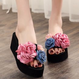 Sandals Women's Large Size Highheeled Word Drag Female Summer Flowers Wear Thick Nonslip Sandals and Slippers Holiday Beach Shoes