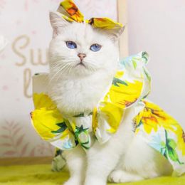 Dog Apparel Sunflower Print Pet Dress Set With Sleeves Bow Decor Lightweight Comfortable Cat Princess