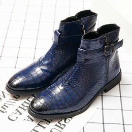 Size Big HBP 38-48 Non-Brand Blue Color Mens Leather Ankle Boots High Top Zip Closure Formal Point Toe Dress Shoes