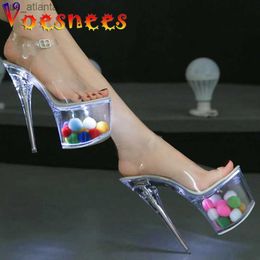 Dress Shoes Transparent Light Sandals Colour Hairball Glow Women Sexy Super High Heels Platform Steel Pipe Model Show Female H240325