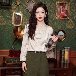 Women's Blouses 2024 Spring Summer Shirt Chinese Disc Button Long Sleeve Chiffon Vintage V-Neck Cardigan Top