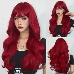 Synthetic Wigs Lace Wigs Wine Red Synthetic Wigs Long Wavy Natural Hair Wigs with Bangs for Women Cosplay Lolita Wig Heat Resistant Fiber 240328 240327