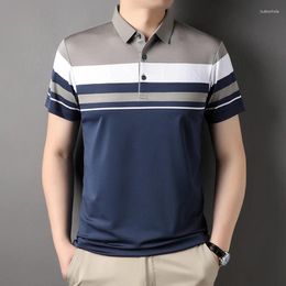 Men's Polos MLSHP Summer Elasticity Polo Shirts High Quality Short Sleeve Business Casual Party Male T-shirts Striped Man Tees 4XL